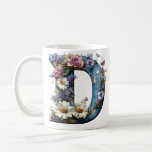 Caneca De Café Letra D Flor de Campo Vintage Floral Rústica