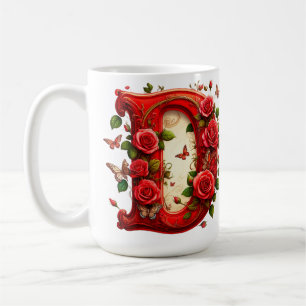 Caneca De Café Letra D Vermelha Elegante por Rosas e Borboleta