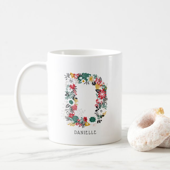 Caneca De Café Letra D | Whimsical Floral - Letra Monograma I Mug (Com Donut)
