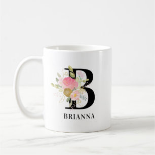 Caneca De Café Letra de Flor Rosa e Dourada Monogramada Floral