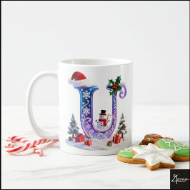 Caneca De Café Letra de Natal Iridescente U com Boneco de Neve