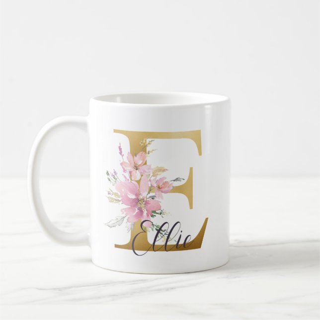Caneca De Café Letra Dourada Floral Rosa Elegante Monograma E (Esquerda)