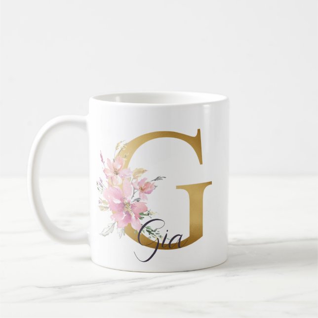 Caneca De Café Letra Dourada Floral Rosa Elegante Monograma G (Esquerda)