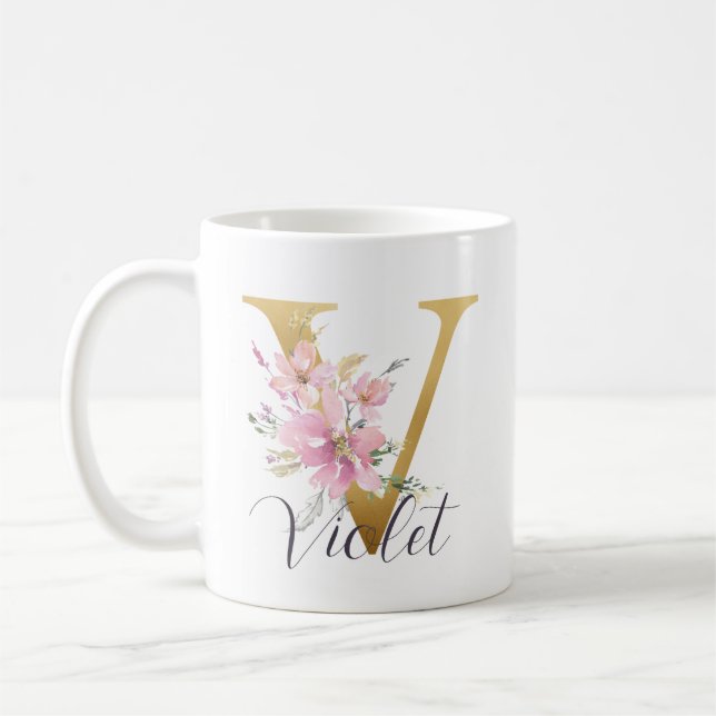 Caneca De Café Letra Dourada Floral Rosa Elegante Monograma V (Esquerda)