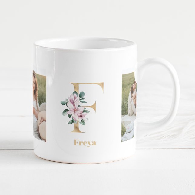 Caneca De Café Letra Dourada Moderna F Flor | Dois Monogramas fot (Criador carregado)