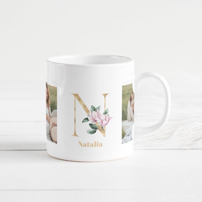 Caneca De Café Letra Dourada Moderna N Flor | Dois Monogramas fot (Criador carregado)