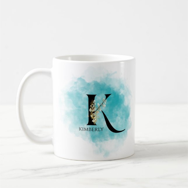 Caneca De Café Letra Elegante Monograma K Flor Dourada Teal (Esquerda)