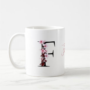 Caneca De Café Letra F, Cherry Blossom   Nome do Script Monograma