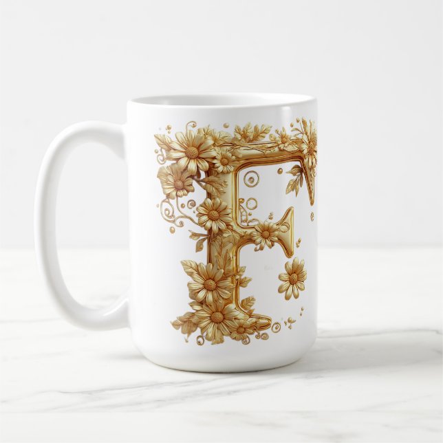 Caneca De Café Letra F Dourada Elegante Com Enfeites Florais (Esquerda)