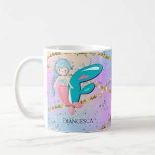 Caneca De Café Letra F Monograma Mola Aquarela Enfermeiro Sereia