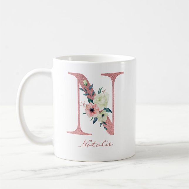 Caneca De Café Letra Floral N Inicial - Rosa e Buquê de Marfim (Esquerda)
