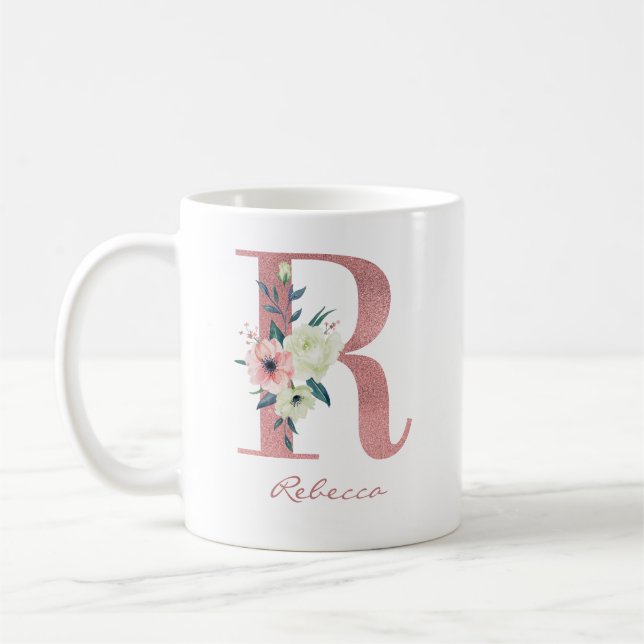 Caneca De Café Letra Floral R Inicial - Rosa e Buquê de Marfim (Esquerda)