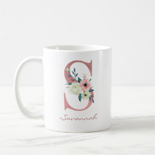 Caneca De Café Letra Floral S Inicial - Buquê Rosa e Marfim
