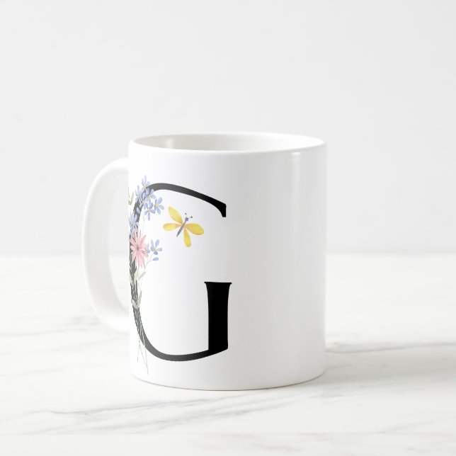 Caneca De Café Letra G com flores (Frente Esquerda)