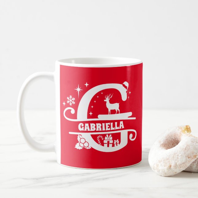 Caneca De Café Letra G Monograma de Natal Nome Inicial Vermelho (Com Donut)