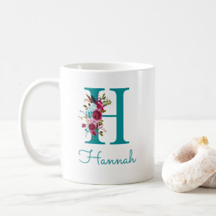 Caneca De Café Letra H Floral Verde Azul Rosa