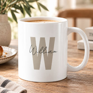 Caneca De Café Letra Inicial Bege Minimalista Simples Nome Person