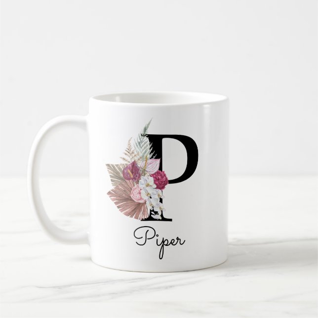 Caneca De Café Letra Inicial Floral Boho Rosa Monograma P (Esquerda)