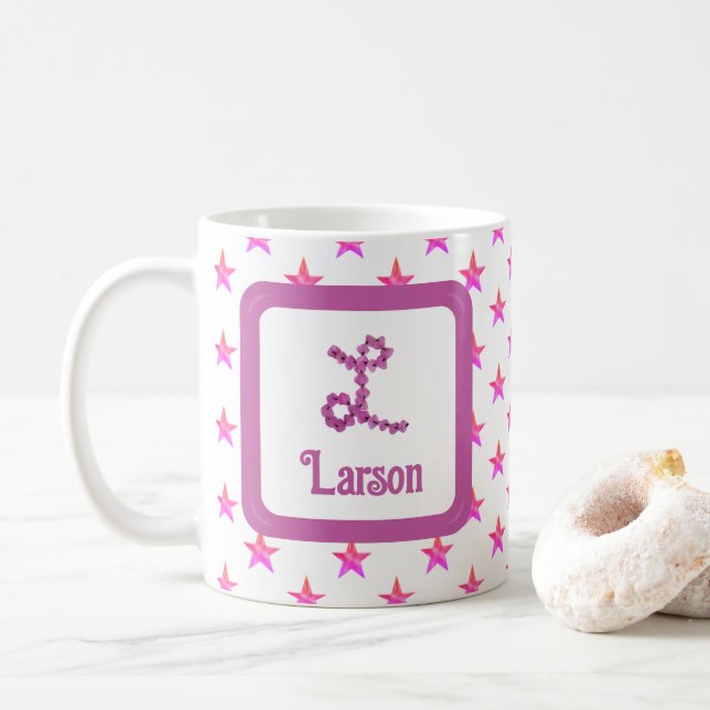 Caneca De Café Letra inicial L Stars Flor Rosa Monograma (Com Donut)