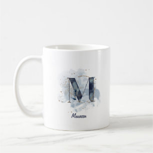 Caneca De Café Letra Inicial M Personalizada Aquarela Azul