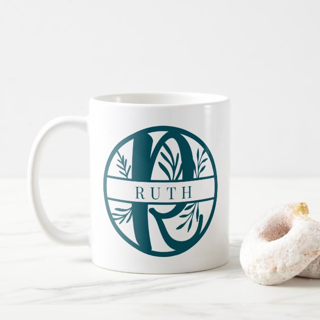 Caneca De Café Letra inicial R | Monograma Floral Teal Dividido (Com Donut)