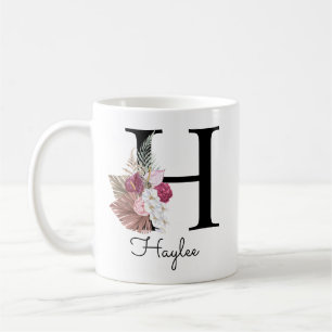 Caneca De Café Letra Inicial Rosa Boho Floral Monograma H