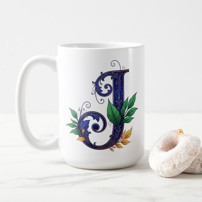 Caneca De Café Letra J em Cursiva Elegante (Com Donut)