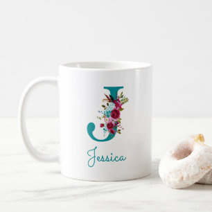 Caneca De Café Letra J Floral Rosa Turquesa
