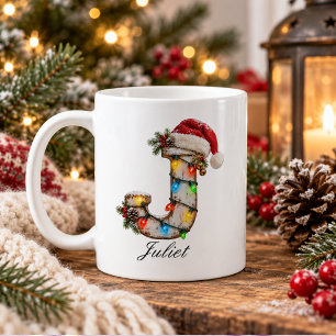 Caneca De Café Letra J Monograma de Natal Festivo Rústico