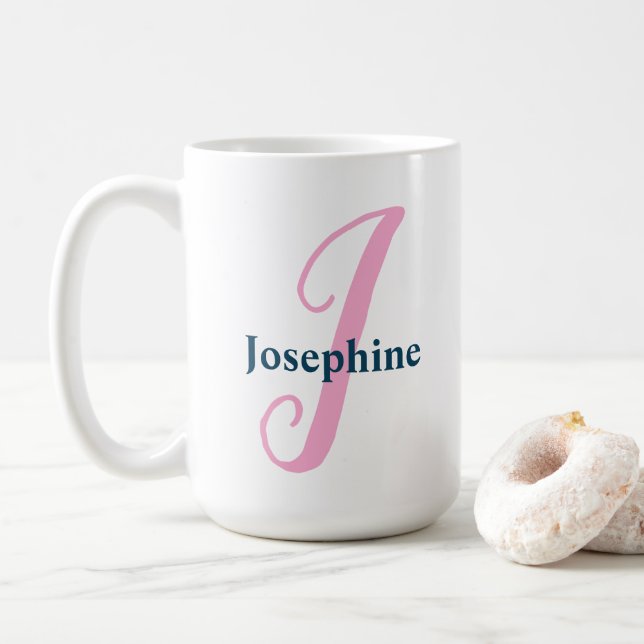 Caneca De Café Letra J Monograma Rosa Personalizada - Nome Person (Com Donut)