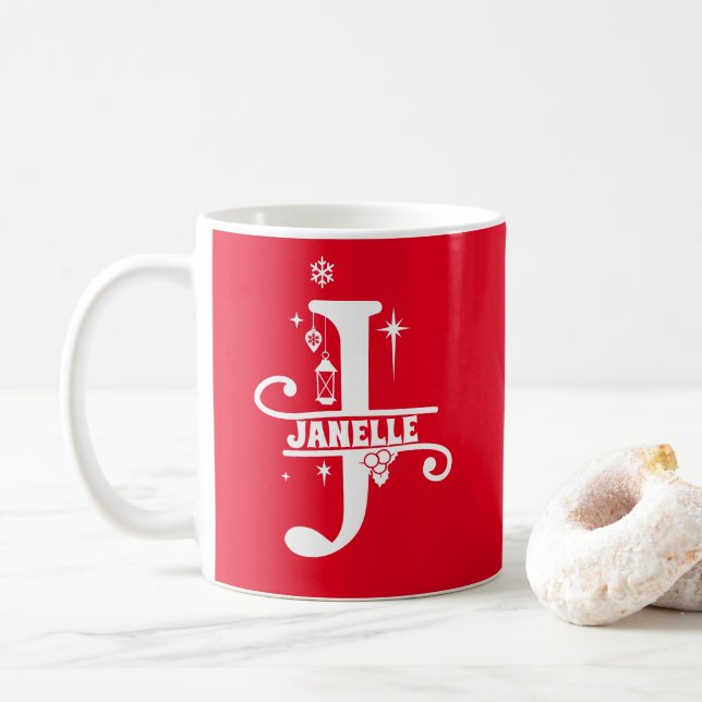 Caneca De Café Letra J Natal Monograma Nome inicial Vermelho (Com Donut)