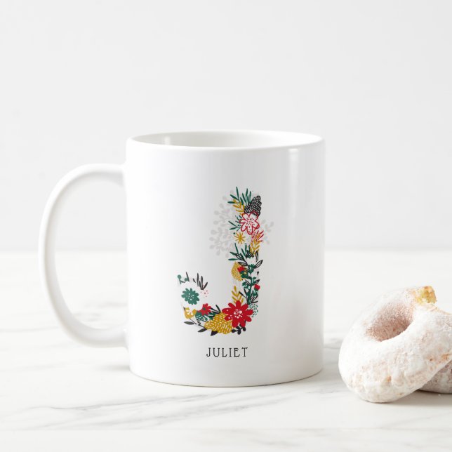 Caneca De Café Letra J | Whimsical Floral - Letra Monograma I Mug (Com Donut)