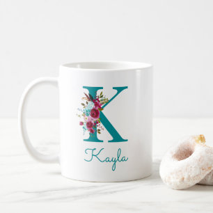 Caneca De Café Letra K Floral Verde Azul Rosa