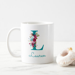 Caneca De Café Letra L Floral Rosa Turquesa