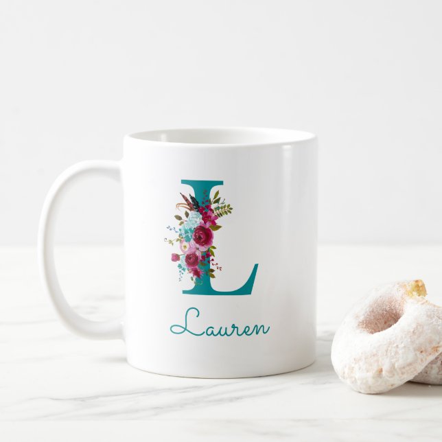 Caneca De Café Letra L Floral Rosa Turquesa (Com Donut)