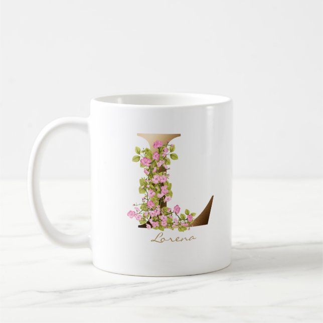 Caneca De Café Letra L Monograma Dourado | Blossomas de Cereja Ro (Esquerda)