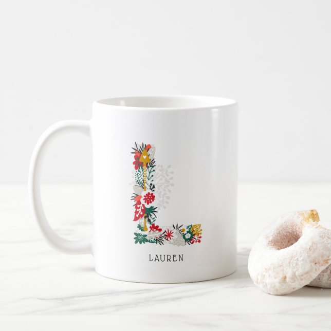 Caneca De Café Letra L | Whimsical Floral - Letra Monograma I Mug (Com Donut)