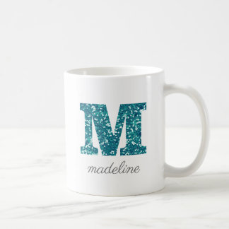 Caneca De Café Letra M Aqua Blue Glitter Personalizado Mug