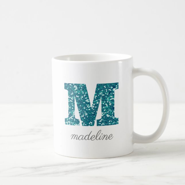 Caneca De Café Letra M Aqua Blue Glitter Personalizado Mug (Direita)