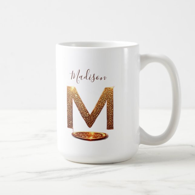 Caneca De Café Letra M em Brilho Dourado Presente de Monograma (Direita)