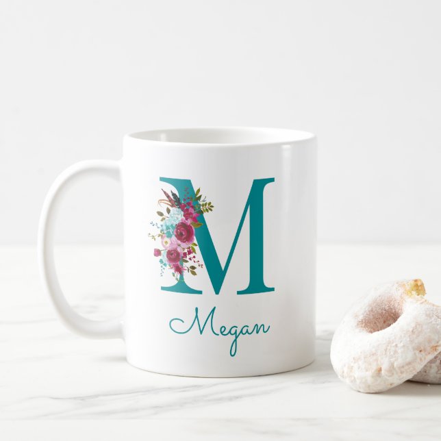 Caneca De Café Letra M Floral Rosa Turquesa (Com Donut)