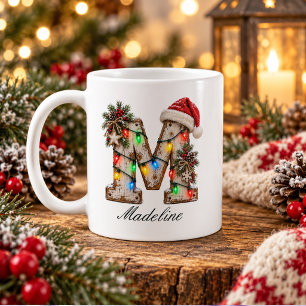 Caneca De Café Letra M Monograma de Natal Festivo Rústico