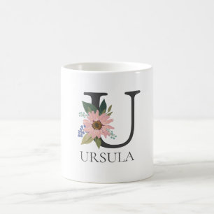 Caneca De Café Letra Moderna Floral Personalizável Monograma U