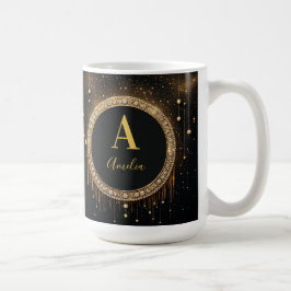 Caneca De Café Letra Monograma Brilho Preto Nome Personalizado