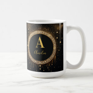Caneca De Café Letra Monograma Brilho Preto Nome Personalizado
