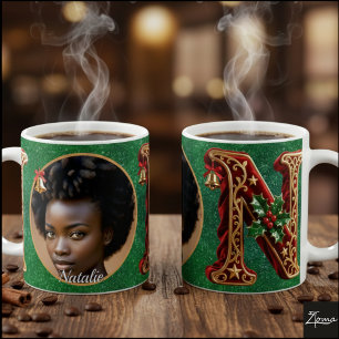 Caneca De Café Letra N de Natal em Veludo Vermelho Luxuoso Dourad