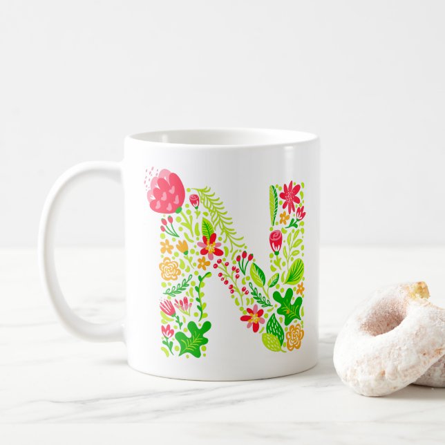 Caneca De Café Letra N em Flores Coffee Mug (Com Donut)