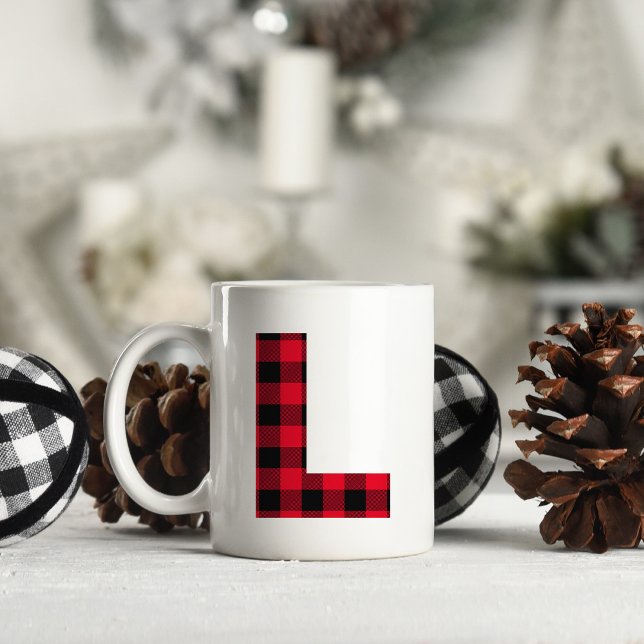 Caneca De Café Letra Negra e Negra Xadrez Bold L Monograma (Letter L Monogram Christmas Coffee Cup)
