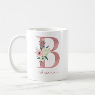 Caneca De Café Letra oral Elegante B rosa e Buquê de marfim