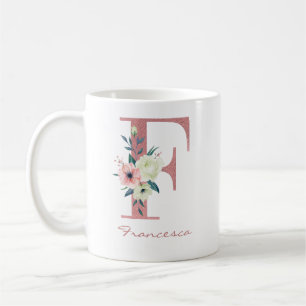 Caneca De Café Letra oral Elegante F Buquê rosa e marfim